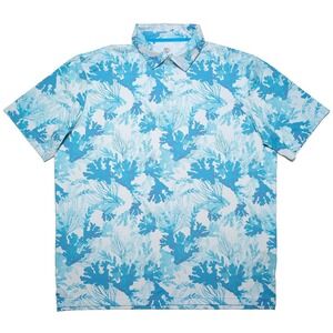 SCALES Fishing Performance Polo Shirt Golf Floral Coral Reef Blue XL